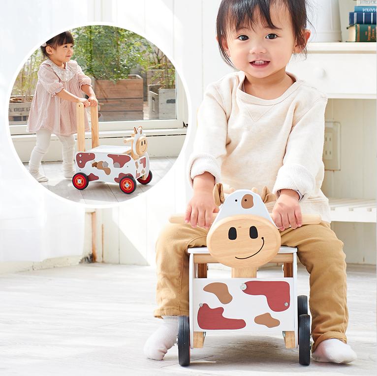 木のおもちゃの手押し車ならウォーカー＆ライド カウ｜1歳